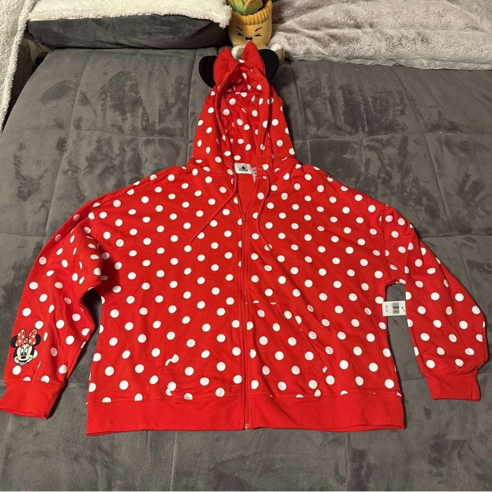 NEW Disney Hoodie Womens Large Minnie Mouse Red Polka Dot Cosplay Parks Ears